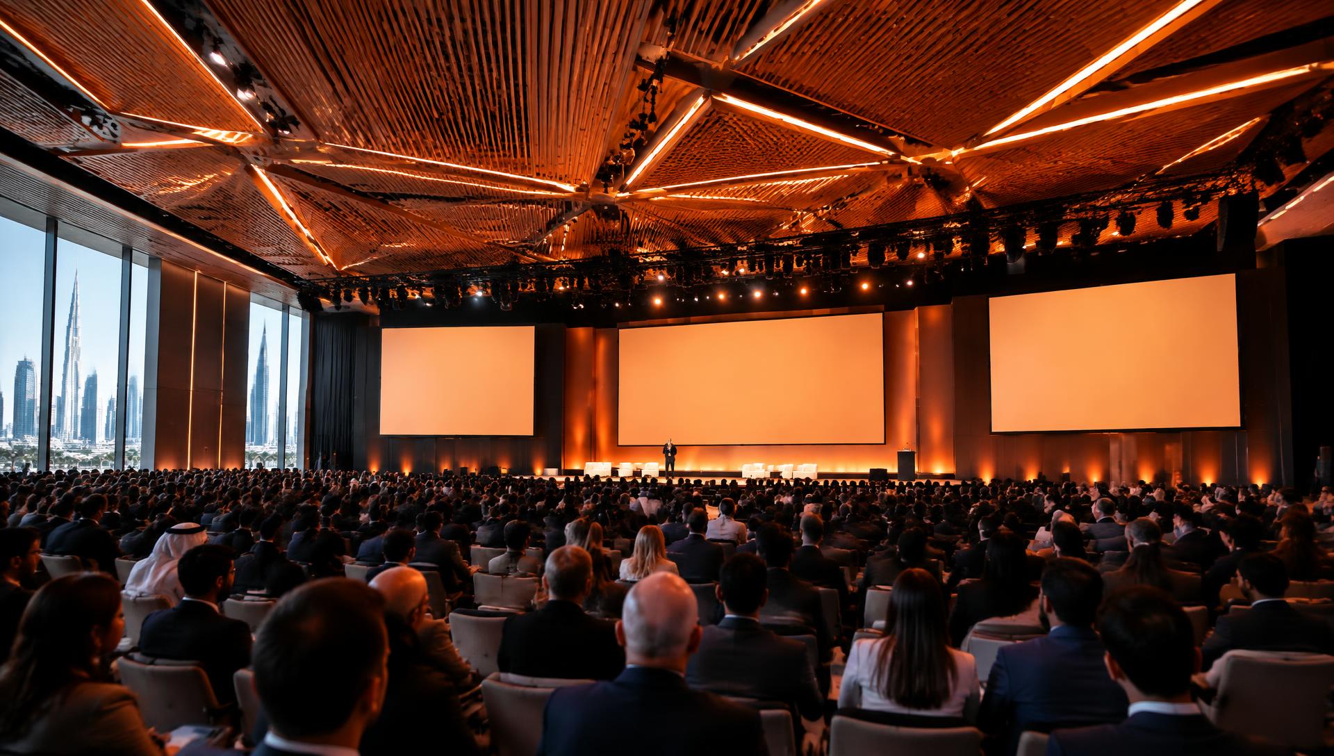 An international business conference with an illuminated stage and an engaged audience